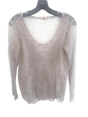 M Italian Boho Greige Sheer Embroidered Lace Sequined details Long Sleeve Top M